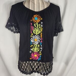 Designer Black w/Floral Embroidered Applique Lace Cuffs & Hem Gauze Top Medium